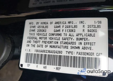 2006 Acura Tl z USA, uszkodzony, nr VIN 19UUA66236A024260